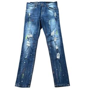 Copper Rivet Slim Fit Distressed Paint Splashed Jeans.  Size 34/32
